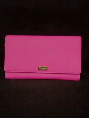 Kate Spade Hot Pink Leather Tri- Fold Oversized Wallet/Clutch